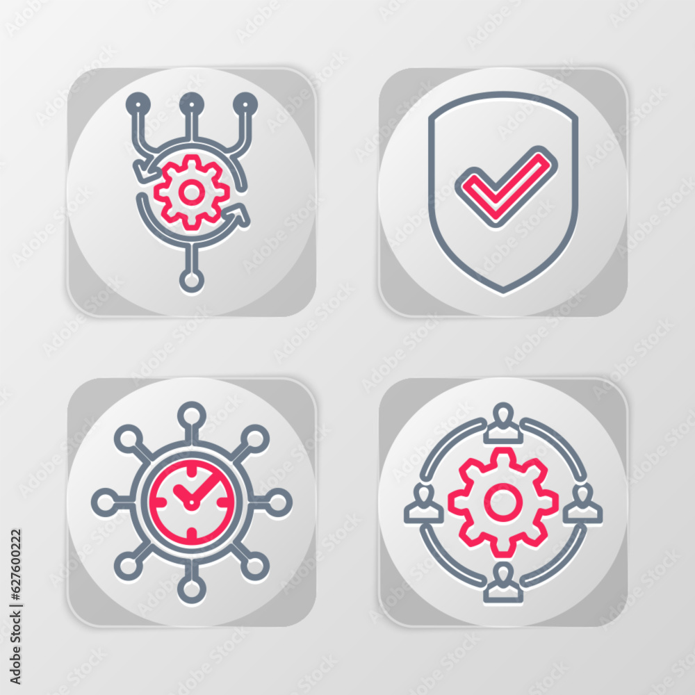 Set line Outsourcing concept, Clock and gear, Shield with check mark and Algorithm icon. Vector Set line Outsourcing concept, Clock and gear, Shield with check mark and Algorithm icon. Vector