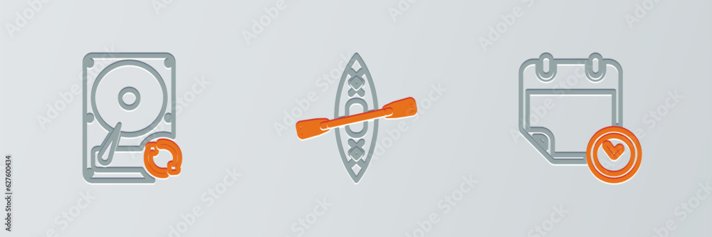 Set line Calendar and clock, Hard disk drive HDD sync refresh and Kayak paddle icon. Vector Set line Calendar and clock, Hard disk drive HDD sync refresh and Kayak paddle icon. Vector