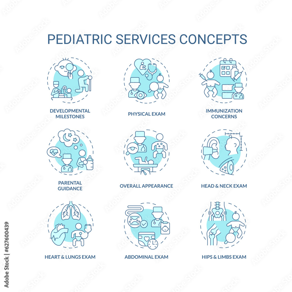 Pediatric services turquoise concept icons set. Child development. Health care. Childhood illness. Baby doctor. Childcare center idea thin line color illustrations. Isolated symbols. Editable stroke