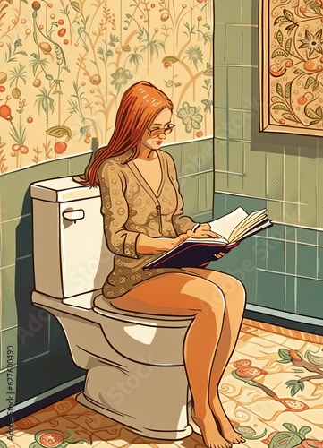 Frau sitzt auf Toilette und liest ein Buch, vintage Stil in gedeckten Farben beige, grün, blau photo