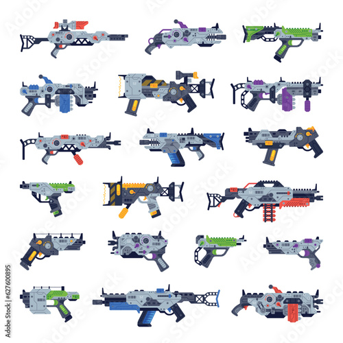 Fantastic Weapon and Raygun as Destructive Energy Gun Vector Set