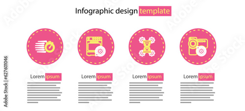Set line Hourglass setting, Video camera, Oven and Stopwatch icon. Vector