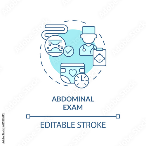Abdominal exam turquoise concept icon. Baby belly. Doctor appointment. Newborn healthcare. Infant care abstract idea thin line illustration. Isolated outline drawing. Editable stroke
