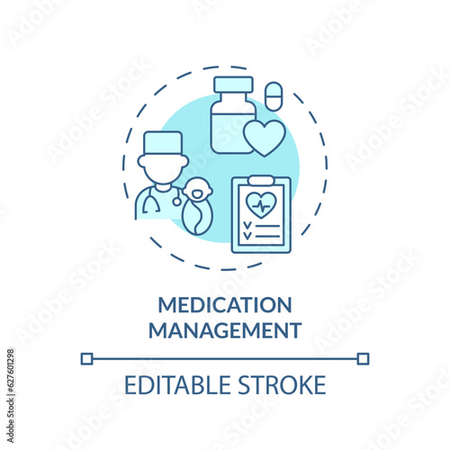 Medication management turquoise concept icon. Doctor prescription. Side effect. Disease treatment. Care plan abstract idea thin line illustration. Isolated outline drawing. Editable stroke