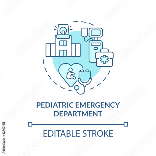 Pediatric emergency department turquoise concept icon. Critical care. Medical equipment. Children hospital abstract idea thin line illustration. Isolated outline drawing. Editable stroke