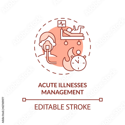 Acute illnesses management red concept icon. Child injury. Operating room. Pain relief. Rapid response. Urgent care abstract idea thin line illustration. Isolated outline drawing. Editable stroke