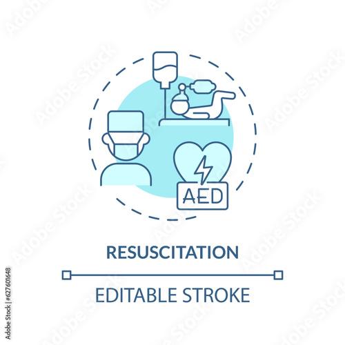 Resuscitation turquoise concept icon. Life support. Airway management. Critical illness. Aid help. Emergency health care abstract idea thin line illustration. Isolated outline drawing. Editable stroke