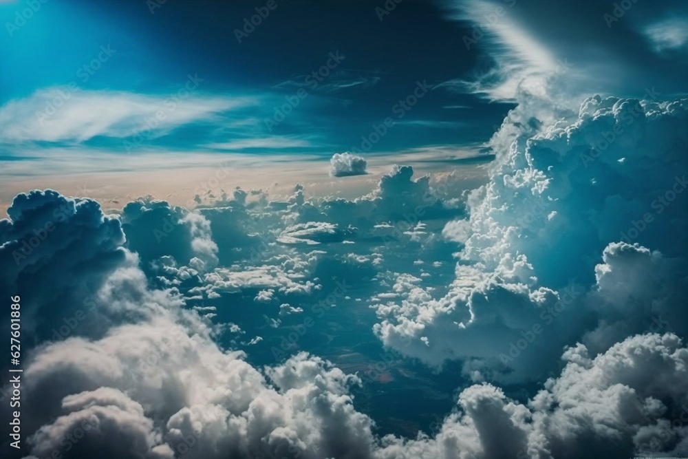 Naklejka premium Cloudy blue sky from a high altitude. Generative AI