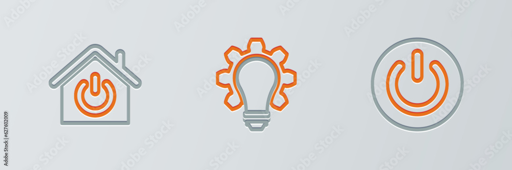 Set line Power button, Smart home and Light bulb and gear icon. Vector Set line Power button, Smart home and Light bulb and gear icon. Vector