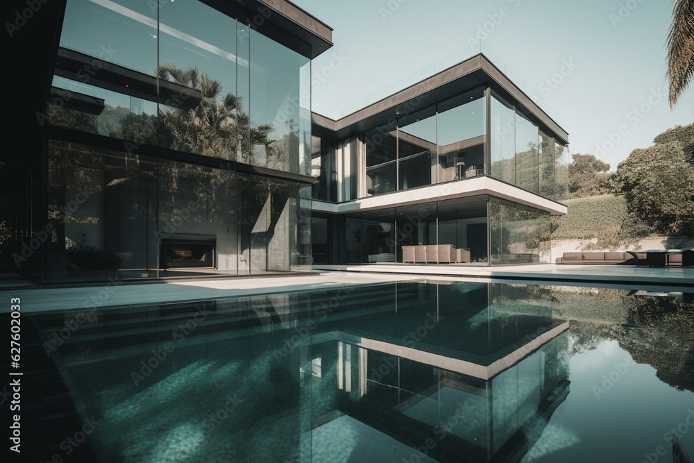Modern, lavish mansion featuring a sleek design, expansive windows, and a stunning pool. Generative AI