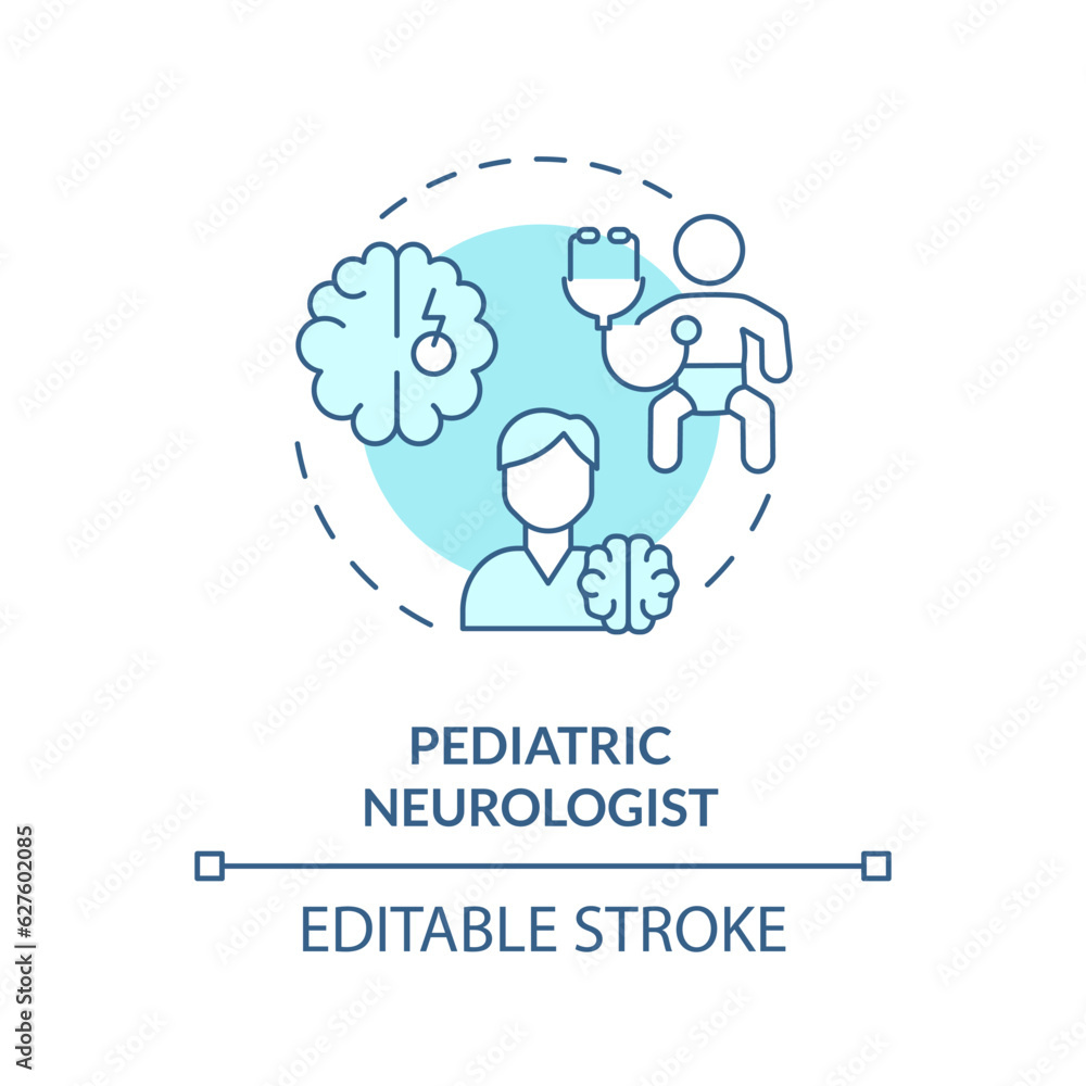 Pediatric neurologist turquoise concept icon. Nervous system. Brain doctor. Neurological disorder. Medical care abstract idea thin line illustration. Isolated outline drawing. Editable stroke Pediatric neurologist turquoise concept icon. Nervous system. Brain doctor. Neurological disorder. Medical care abstract idea thin line illustration. Isolated outline drawing. Editable stroke