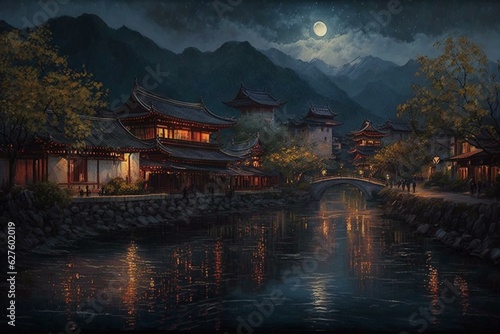 Oil-painted night landscape of Lijiang ancient city in Yunnan, China. Generative AI