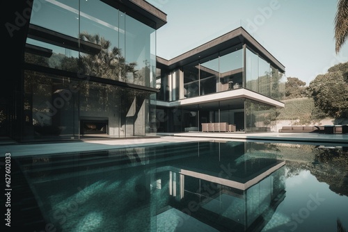 Modern  lavish mansion featuring a sleek design  expansive windows  and a stunning pool. Generative AI