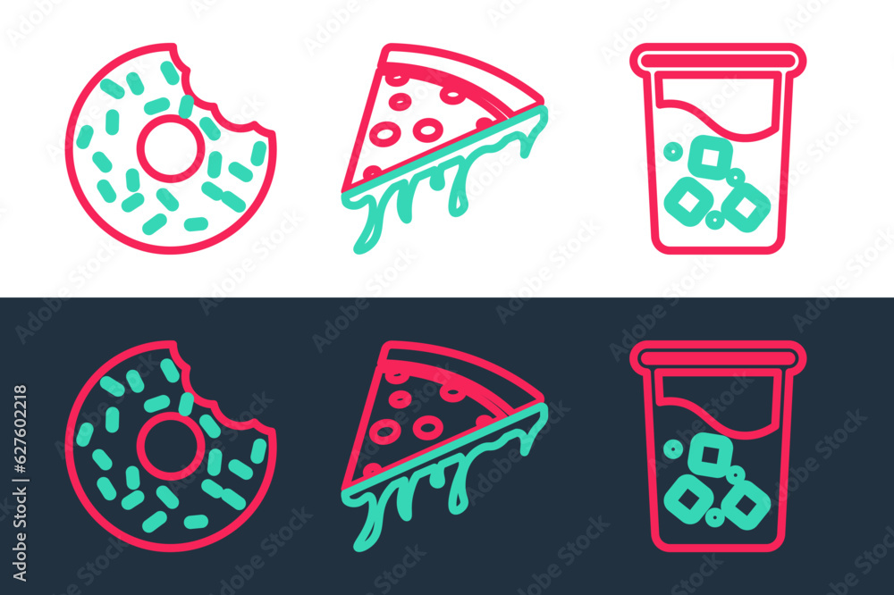 Set line Glass with water, Donut and Slice of pizza icon. Vector