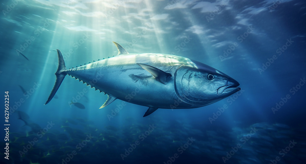 Fototapeta premium Fishing in the sea. tuna fish underwater view. Generative AI