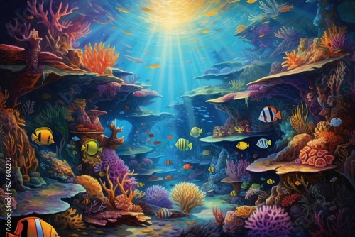 Breathtaking underwater scene with marine life, coral reef and colorful fish. Generative AI © Lubos Chlubny