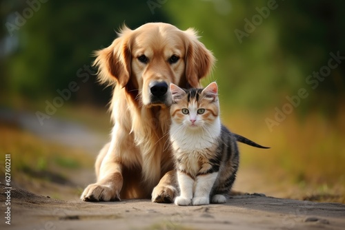 Retriever dog with a cat. Beautiful lovely pets. Generative AI