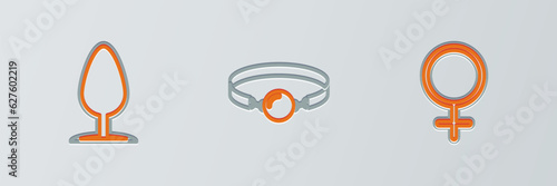 Set line Female gender symbol, Anal plug and Silicone ball gag icon. Vector