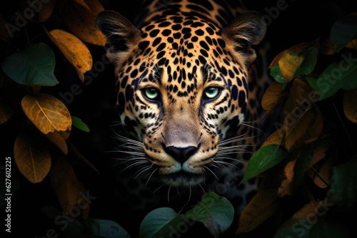 Head of a jaguar among the leaves in the jungle  Panthera onca. Generative AI