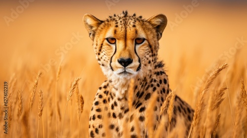 Cheetah (Acinonyx jubatus) stands in long grass in savannah. Generative AI