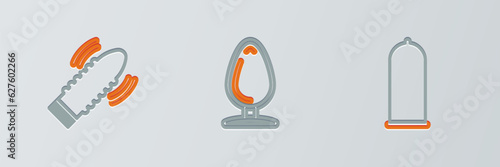 Set line Condom safe sex, Dildo vibrator for games and Anal plug icon. Vector