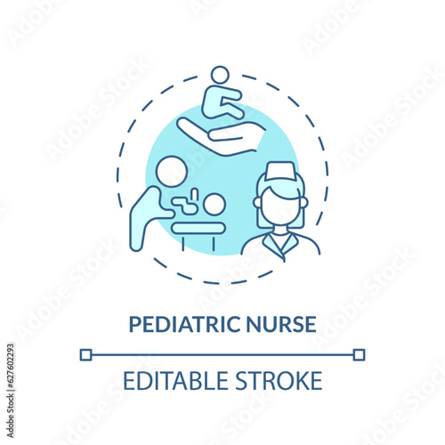 Pediatric nurse turquoise concept icon. Nursing care. Young patient. Medical team. Hospital staff. Healthcare worker abstract idea thin line illustration. Isolated outline drawing. Editable stroke