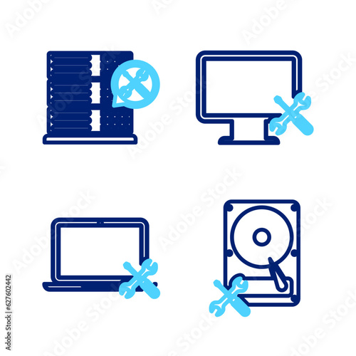 Set line Hard disk drive service, Laptop, Computer monitor and Database server icon. Vector