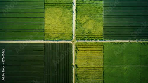 Generative AI, Farm landscape, agricultural fields, beautiful countryside, country road. Nature Illustration, photorealistic top view drone, horizontal banner..