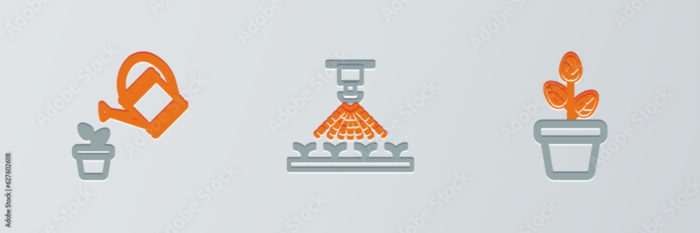 Set line Flowers in pot, Watering can and Automatic irrigation sprinklers icon. Vector Set line Flowers in pot, Watering can and Automatic irrigation sprinklers icon. Vector