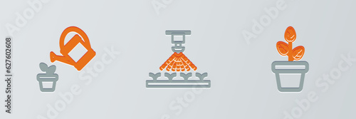 Set line Flowers in pot, Watering can and Automatic irrigation sprinklers icon. Vector