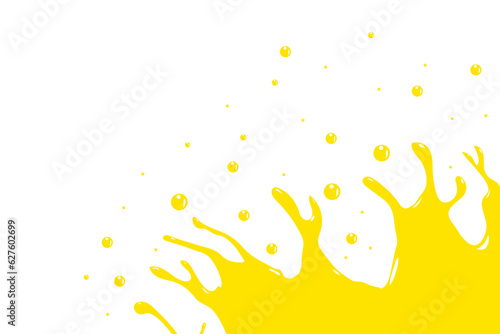 Yellow water droplets splash and water bubbles on white background. Yellow liquid waves with copy space above.