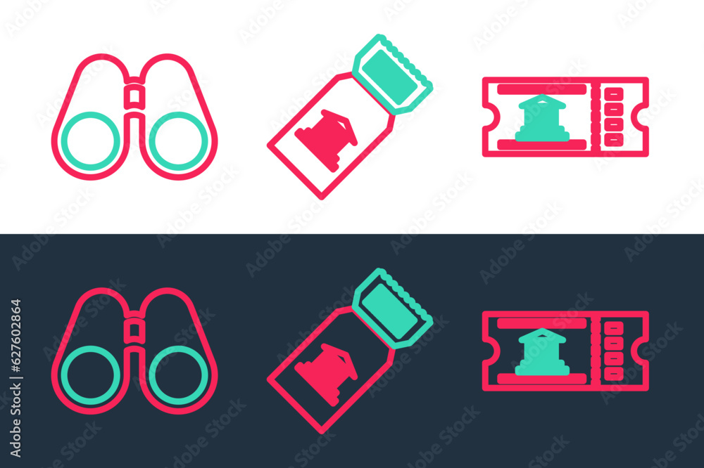 Set line Museum ticket, Binoculars and icon. Vector Set line Museum ticket, Binoculars and icon. Vector