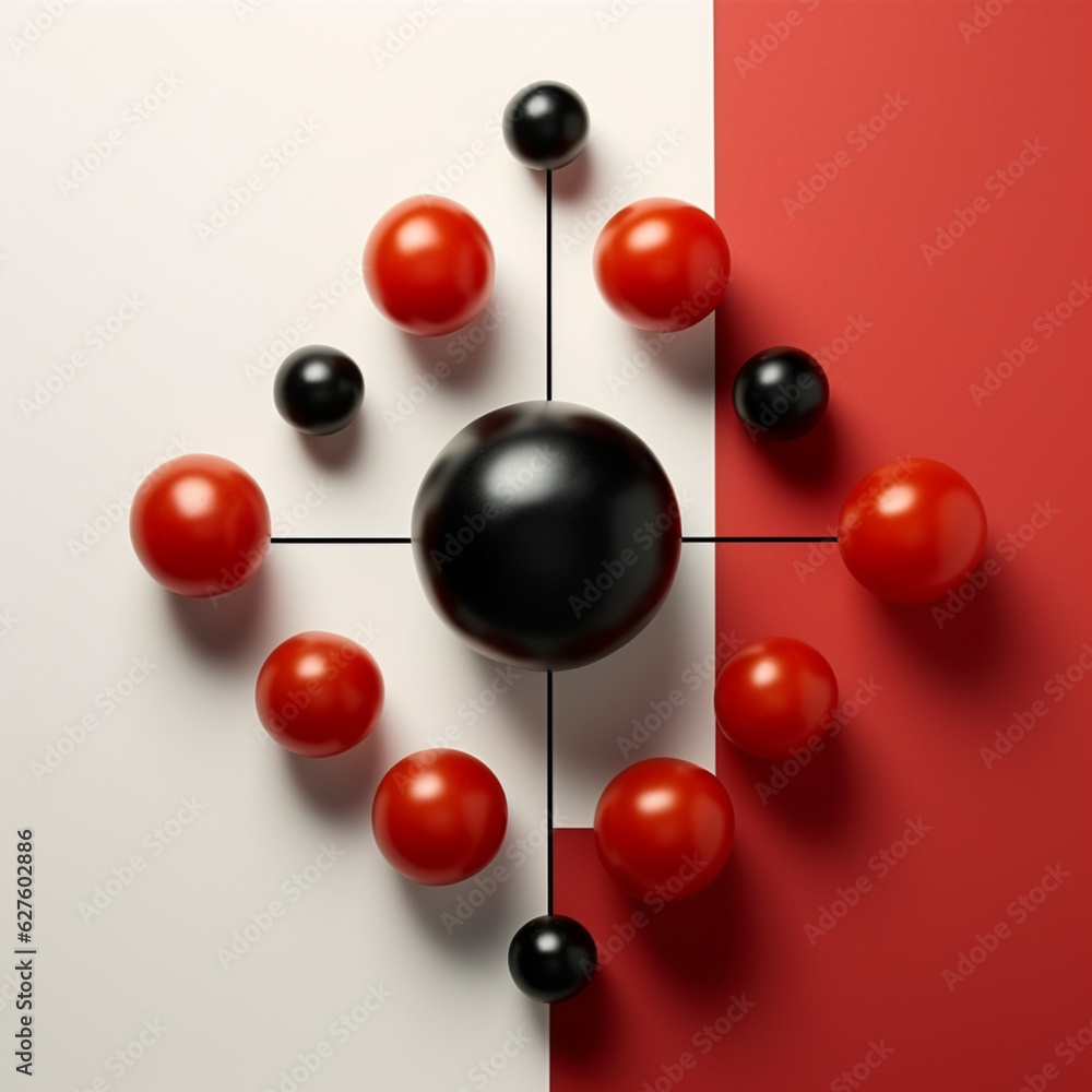 Top view, geometrical and minimalistic composition, tomatoes, black and red and white. Abstract, simple