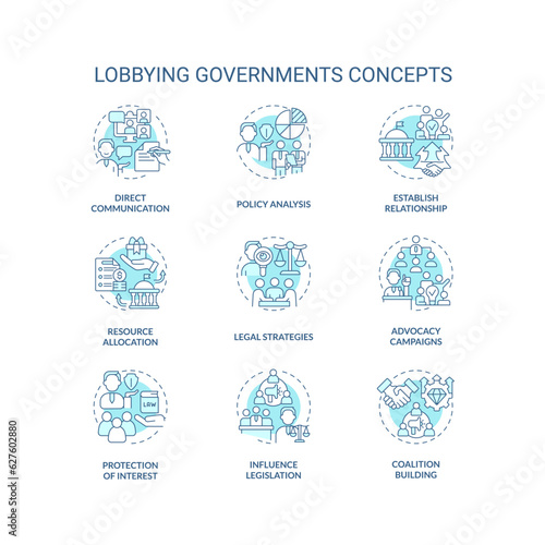 Editable blue icons set representing lobbying government concepts  isolated vector  thin line colorful illustration.