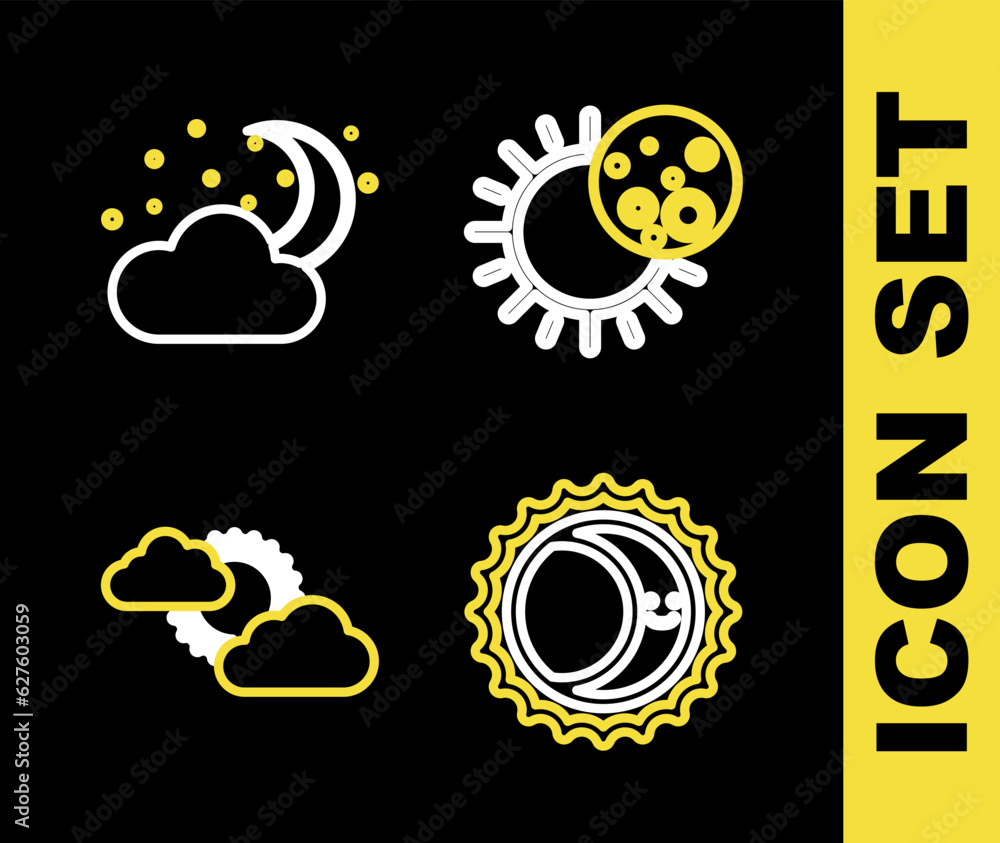 Set line Eclipse of the sun, Sun and cloud weather and Cloud with moon stars icon. Vector