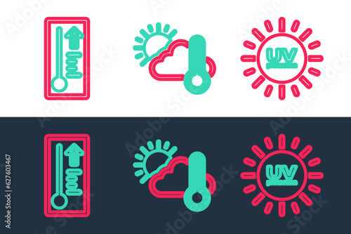 Set line UV protection, Meteorology thermometer and Thermometer and cloud, sun icon. Vector