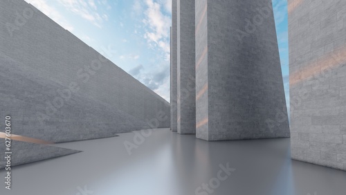 Abstract architecture background design of geometric concrete walls 3d render
