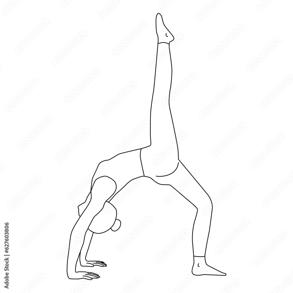 Line art of woman doing Yoga in one legged upward bow or back bend arch pose vector Line art of woman doing Yoga in one legged upward bow or back bend arch pose vector