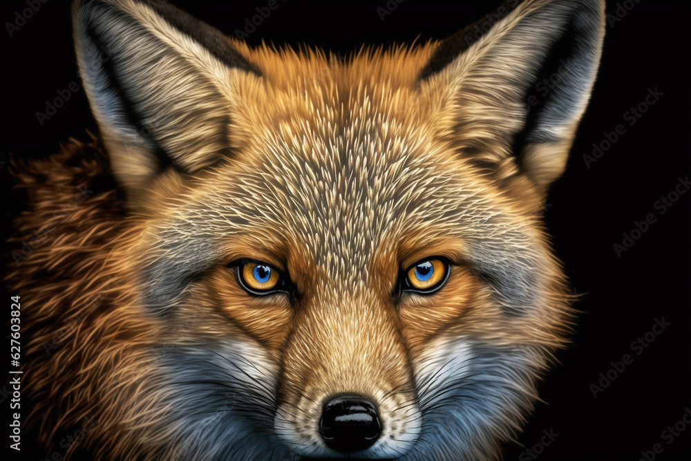 Fototapeta premium fox head close-up on black background detail on the look. Generative AI