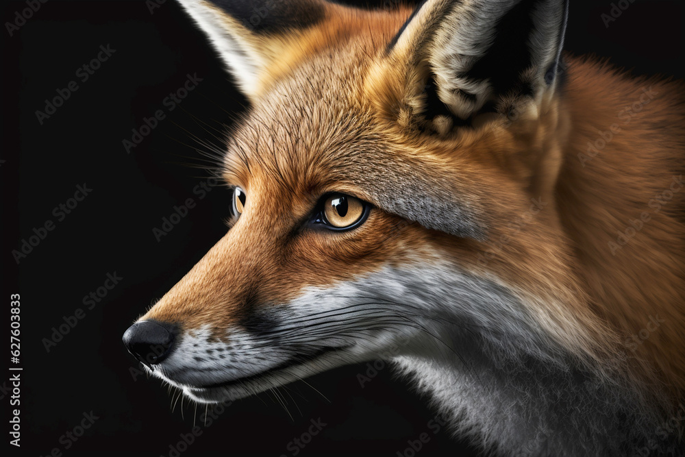 Fototapeta premium fox head close-up on black background detail on the look. Generative AI