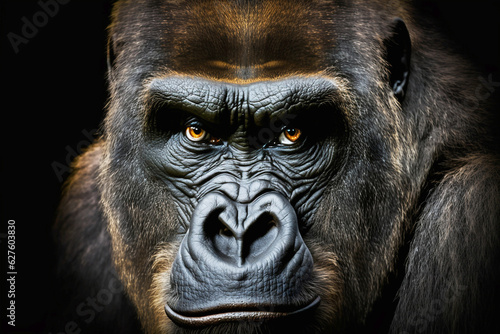 Face of a gorilla close-up on a black background. Generative AI