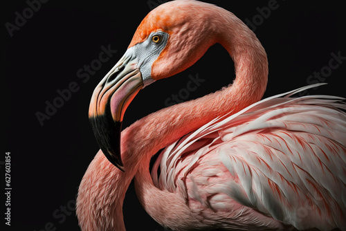 head of a pink flamingo close-up on a black background. generative AI