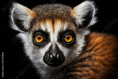 lemur head close-up on black background . Generative AI photo
