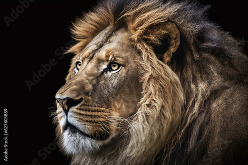 lion head close-up on black background. Generative AI