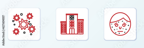 Set line Face with psoriasis or eczema, Bacteria and Medical hospital building icon. Vector
