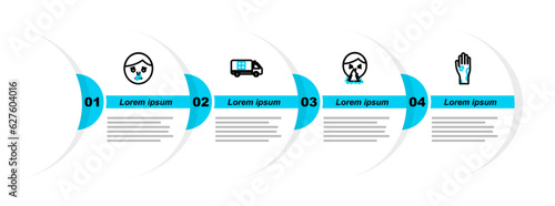 Set line Hand with psoriasis or eczema, Handkerchief to his runny nose, Emergency car and Runny icon. Vector