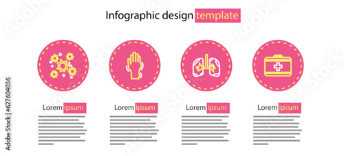 Set line Lungs, First aid kit, Hand with psoriasis or eczema and Bacteria icon. Vector