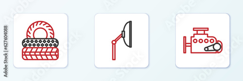 Set line Car engine, tire and Windscreen wiper icon. Vector