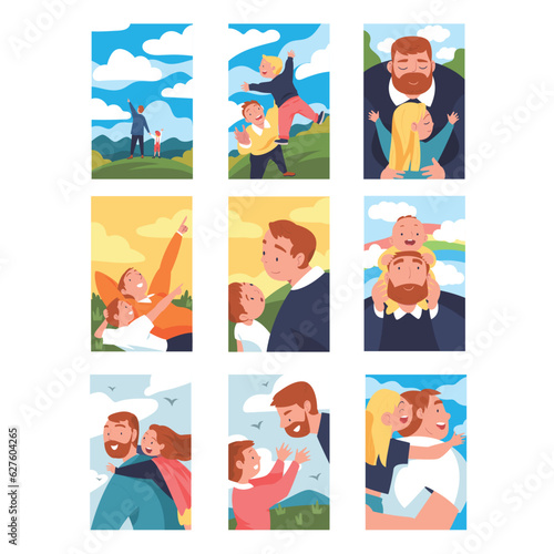 Happy Father and Child Walking and Spend Time Together Vector Set