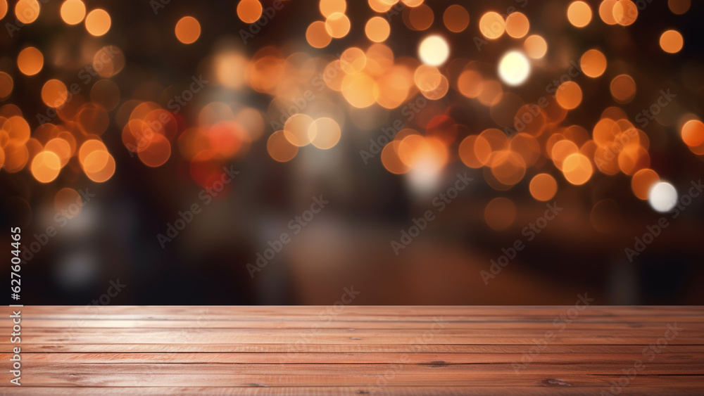 empty wooden table with blur bokeh lighting background for festive holiday and product advertisement. generative ai